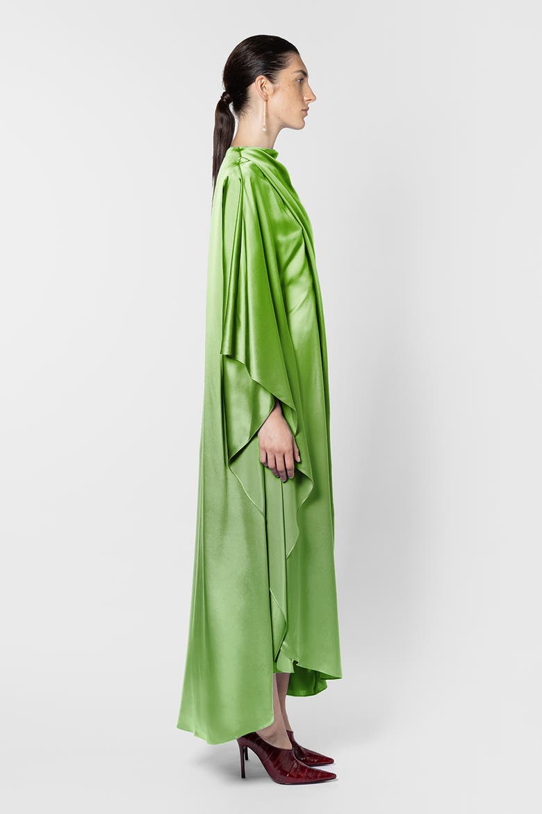 Green Asytmetric Draped Silk Hiba Dress, Alternate, color, Meadow