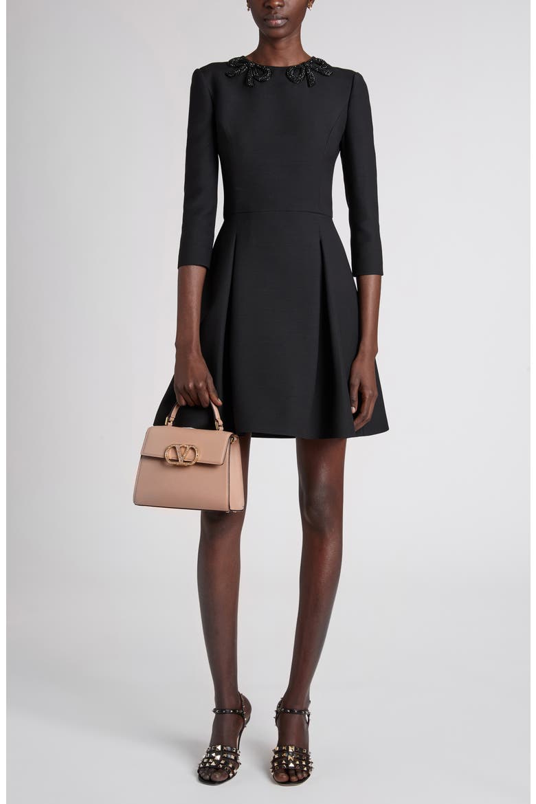 Bow Embellished Pleated Minidress, Alternate, color, BLACK