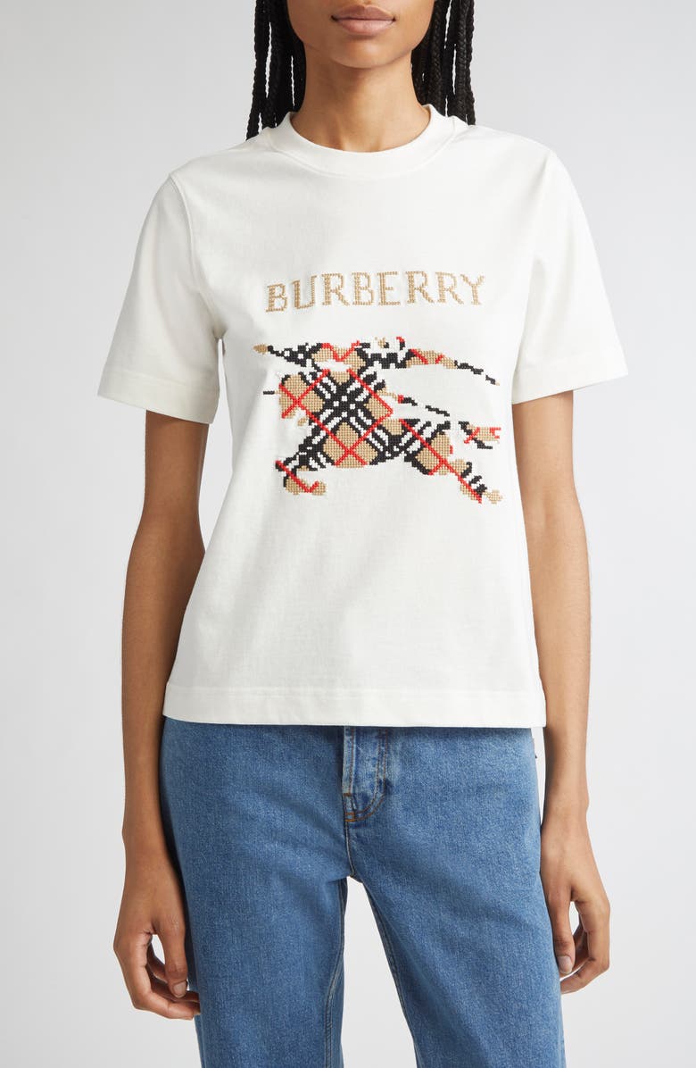 Burberry Equestrian Knight Design Cross Stitch Embroidered T-Shirt, Main, color, Chalk