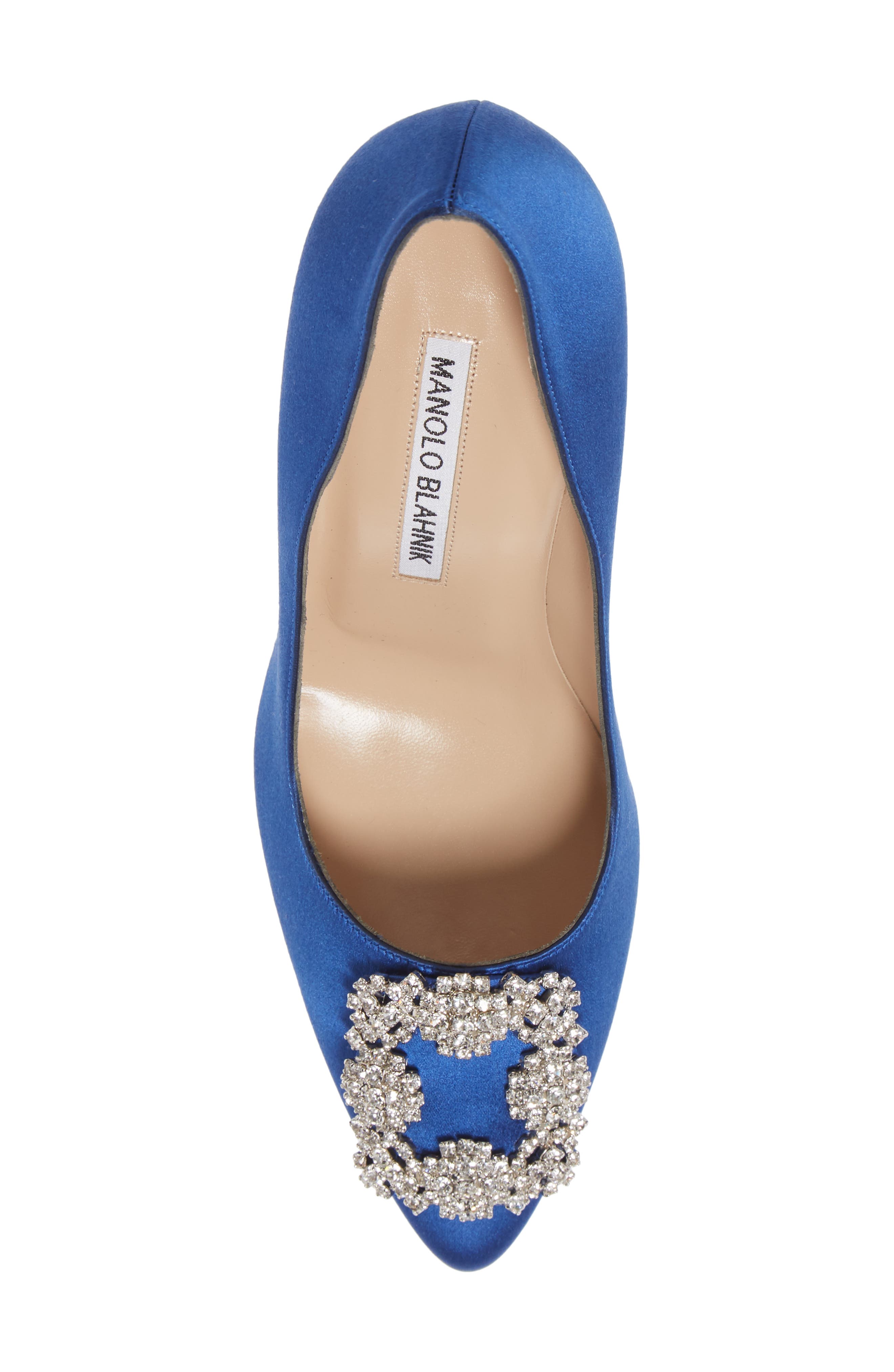 Manolo Blahnik Hangisi Crystal Buckle Pump, Alternate, color, Blue Satin Clear/ Buckle