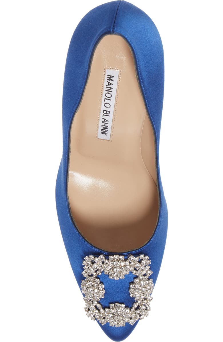 Manolo Blahnik Hangisi Crystal Buckle Pump, Alternate, color, Blue Satin Clear/ Buckle