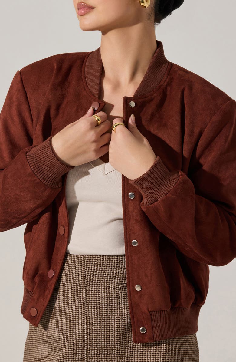 ASTR the Label Olenna Faux Suede Bomber Jacket, Alternate, color, Rust Brown