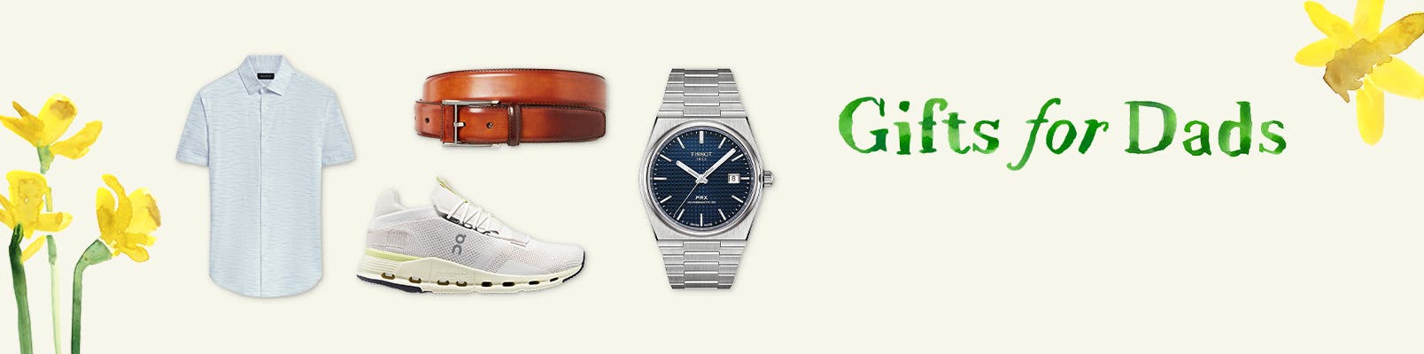 Gifts for dads, including a running shoe, belt and watch.