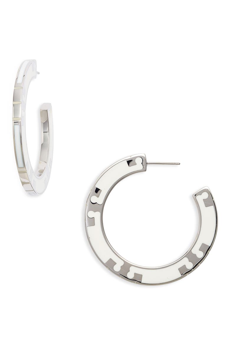 T-Stripe Hoop Earrings, Main, color, TORY SILVER/ OPTIC WHITE