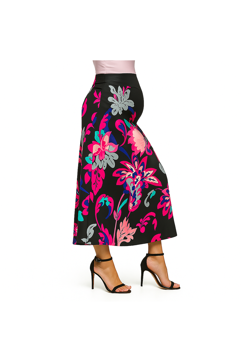 Maternity Black and Pink Paisley Elastic Waist A-Line Maxi Skirt, Alternate, color, Pink Multi
