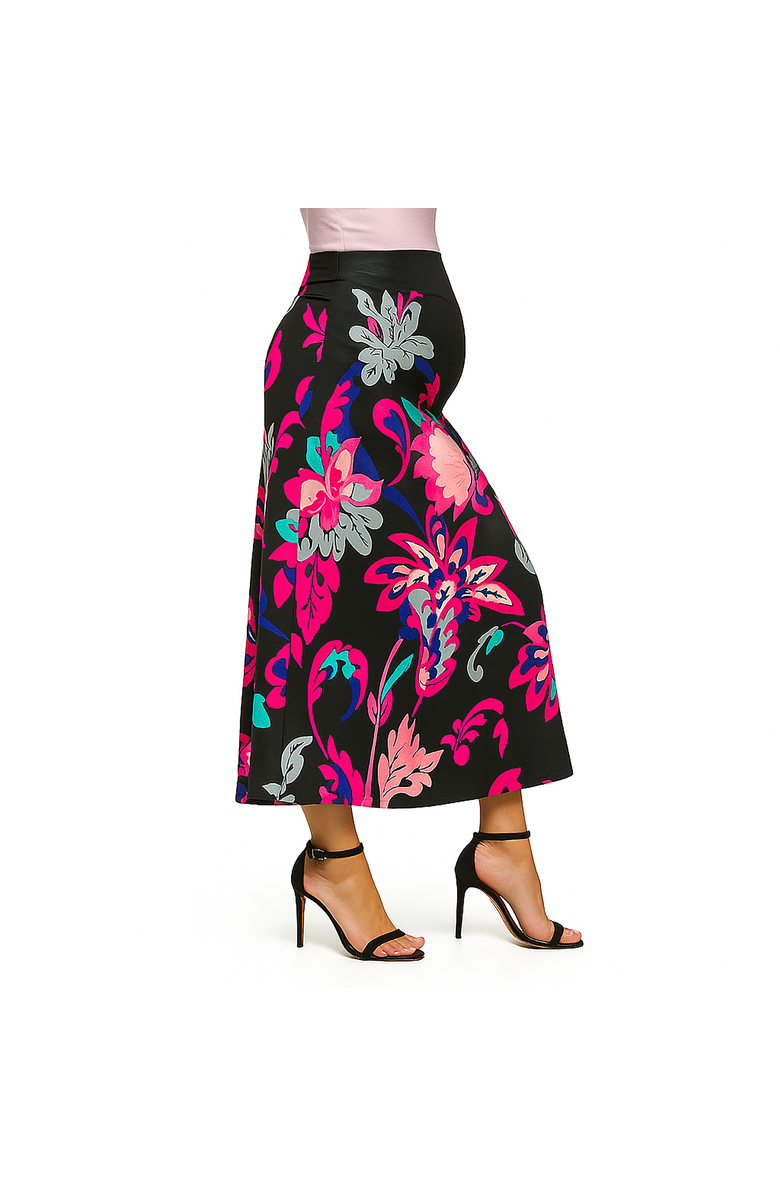 24seven Comfort Apparel Maternity Black and Pink Paisley Elastic Waist A-Line Maxi Skirt, Alternate, color, Pink Multi