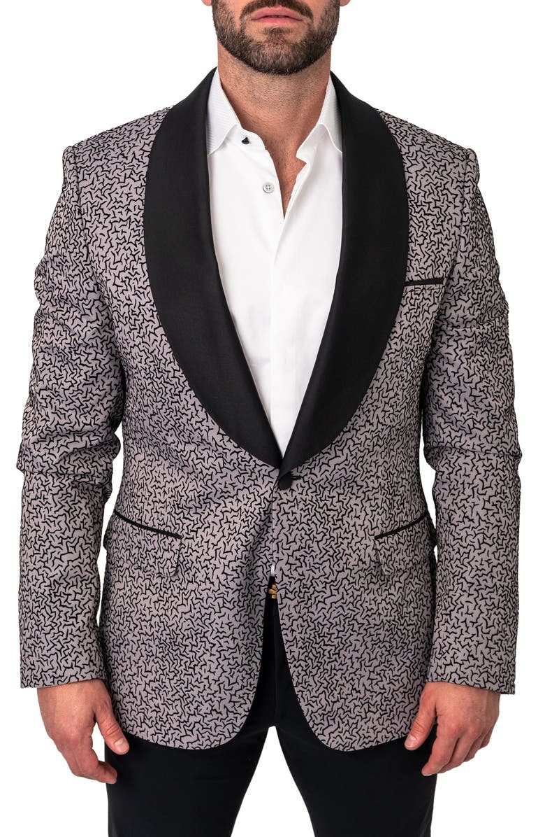 Maceoo Ceremonial Grey Flocked Shawl Collar Dinner Jacket, Main, color, Grey