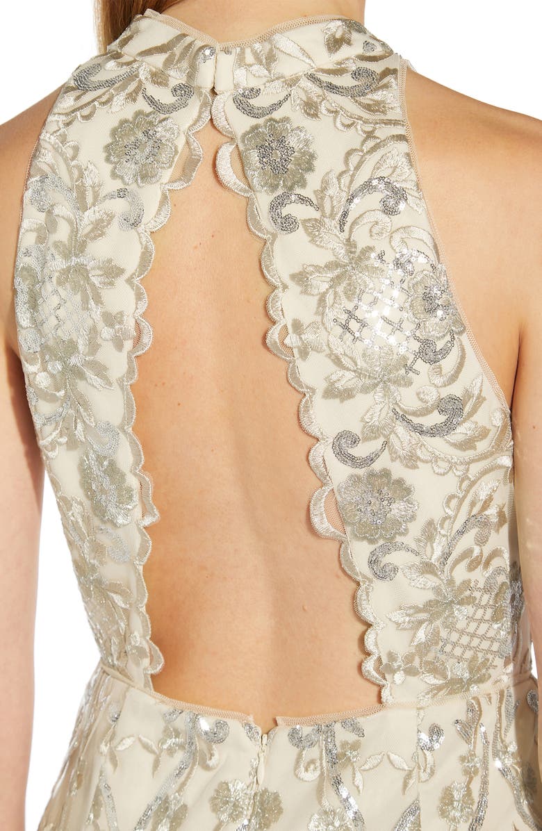 Adrianna Papell Sequin Embroidered Halter Evening Gown, Alternate, color,