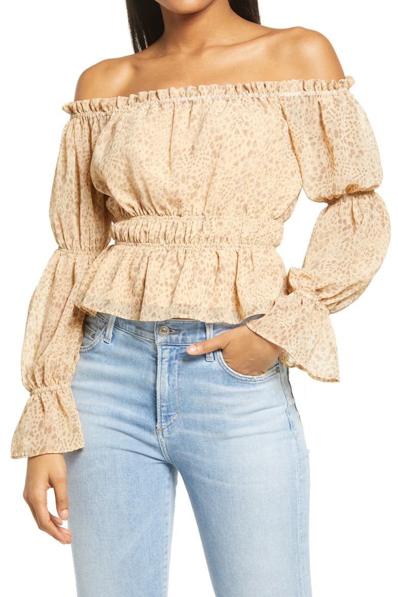 Off the Shoulder Peplum Top, Main, color, TAN CHEETAH