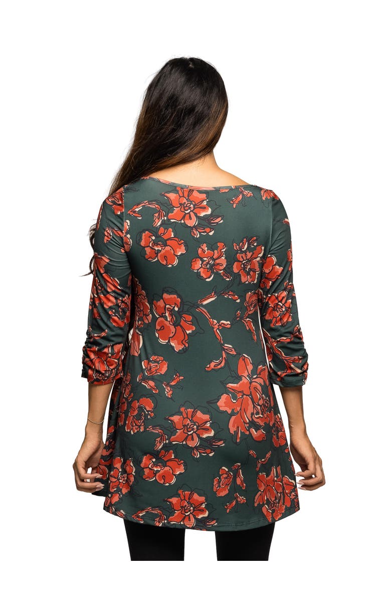 24seven Comfort Apparel Maternity Essential Floral Print Three Quarter Sleeve Tunic Top, Alternate, color, Green Multi