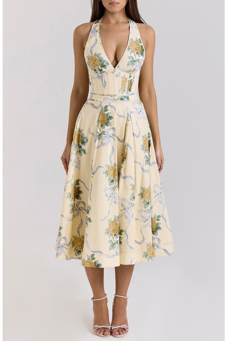 Allena Floral Halter Stretch Cotton Midi Sundress, Main, color, YELLOW ROSE PRINT