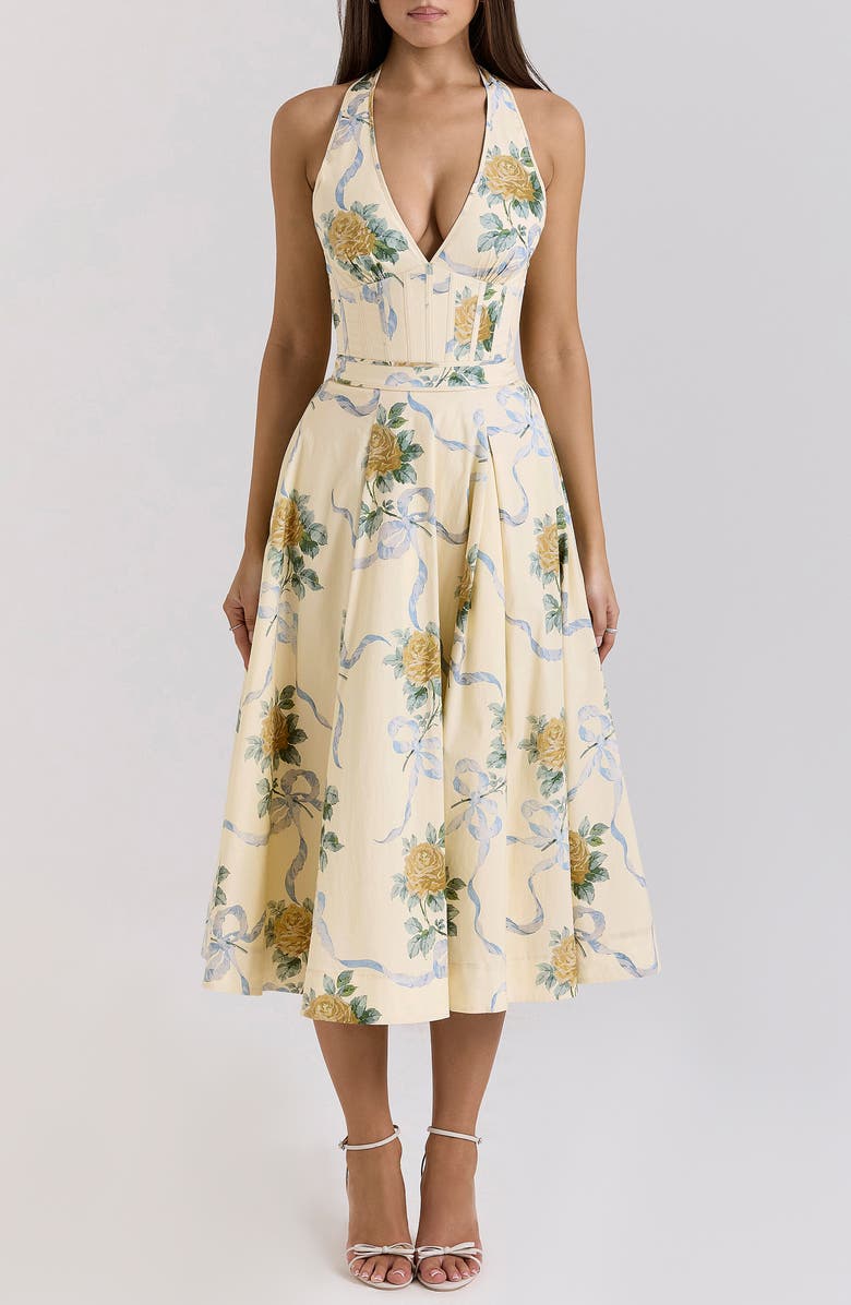 HOUSE OF CB Allena Floral Halter Stretch Cotton Midi Sundress, Main, color, Yellow Rose Print
