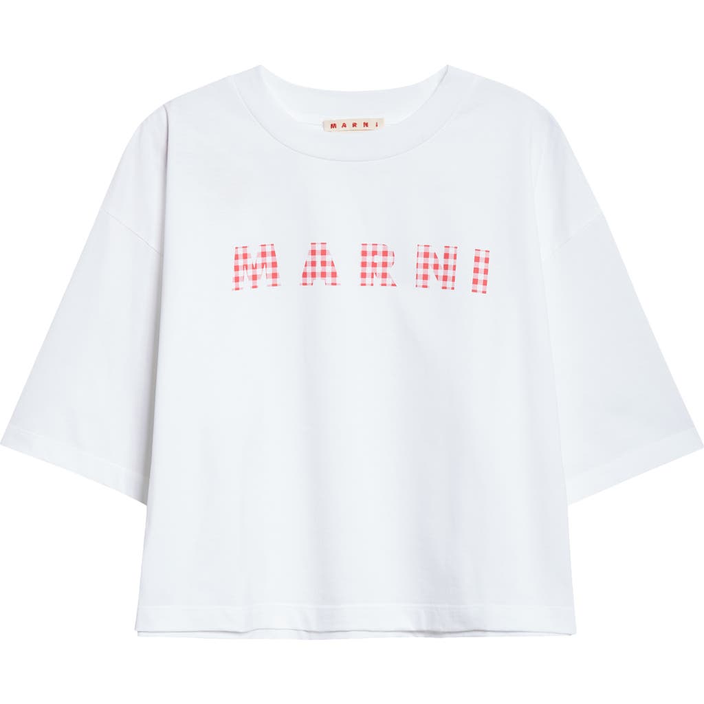 Marni Gingham Logo Boxy Crop Cotton Graphic T-shirt In Lily/white