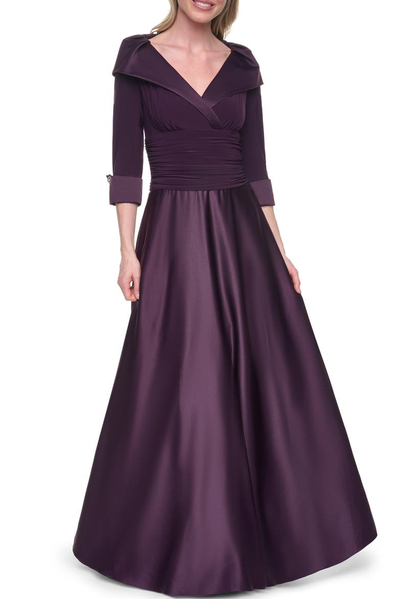 Portrait Collar Mixed Media Ballgown, Main, color, EGGPLANT