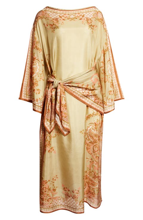 Aster Paisley Print Long Sleeve Tie Waist Silk Midi Dress (Regular & Petite)