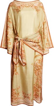 Zimmermann Aster Paisley Print Long Sleeve Tie Waist Silk Midi Dress