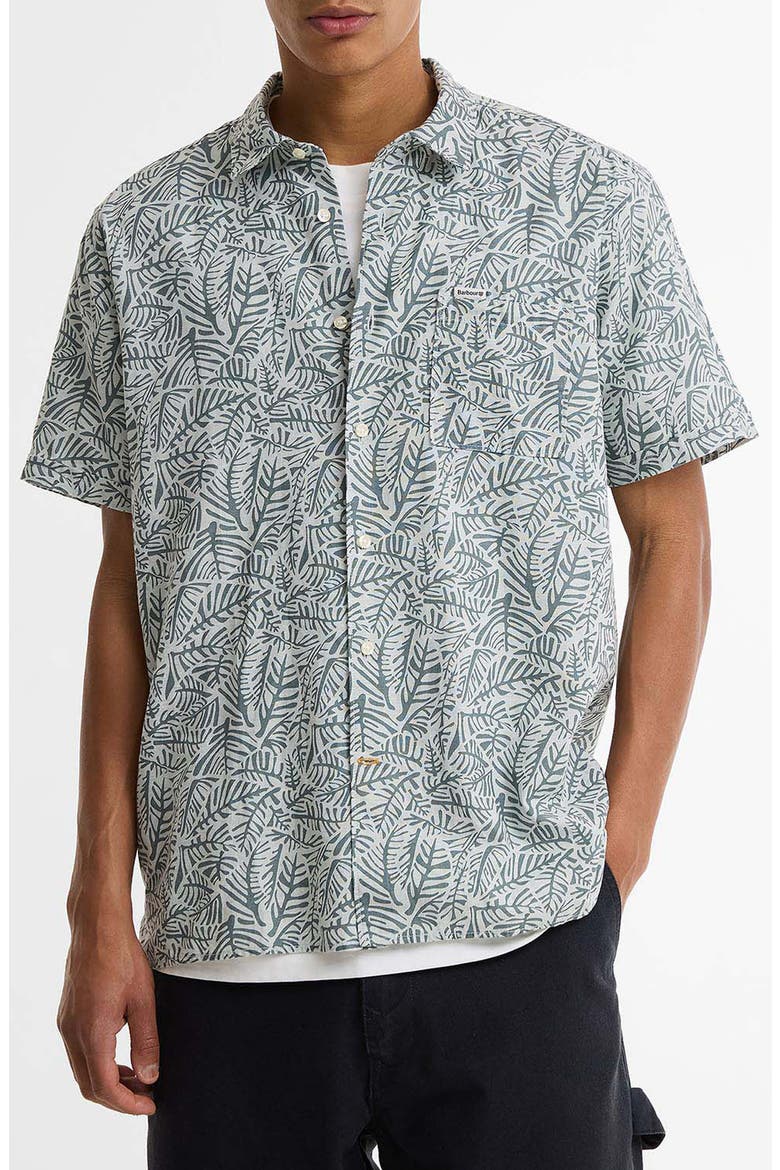 Dearham Leaf Print Short Sleeve Linen & Cotton Button-Up Shirt, Main, color, DUSTY SLATE