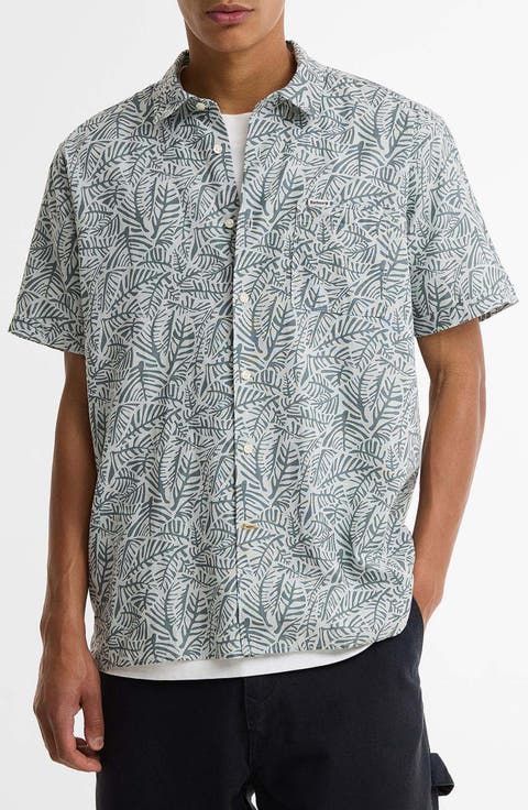 Dearham Leaf Print Short Sleeve Linen & Cotton Button-Up Shirt