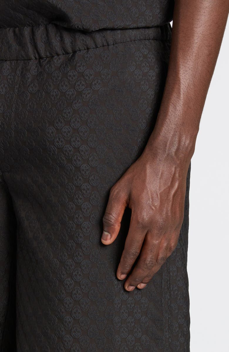 McQueen Skull Jacquard Satin Shorts, Alternate, color, Black/ Black