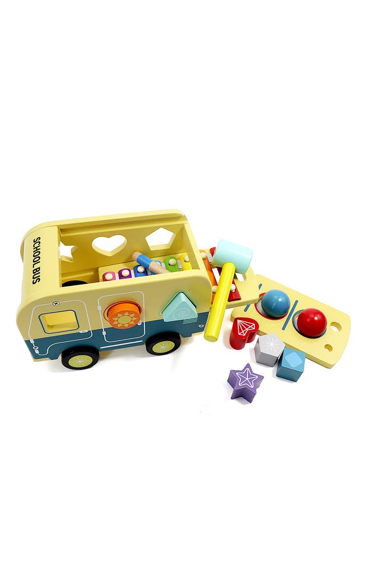 School Bus Pound and Tap Bus Bench, Wooden Toy Bus with Slide Out Xylophone, Alternate, color, Yellow