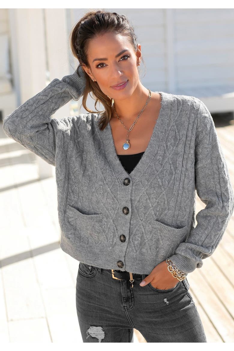 Cable Knit Cardigan, Alternate, color, Grey Heather