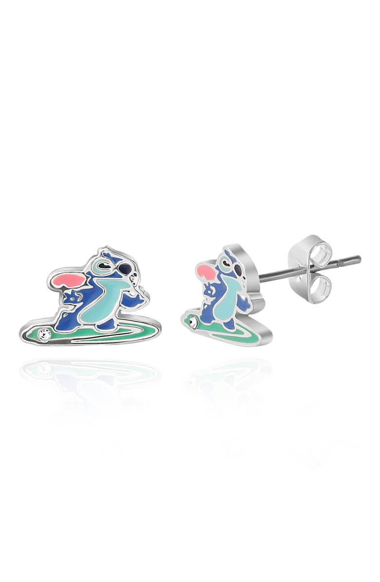 Disney Lilo and Stitch Silver Plated Surfing Stud Earrings, Alternate, color, Silver, Blue