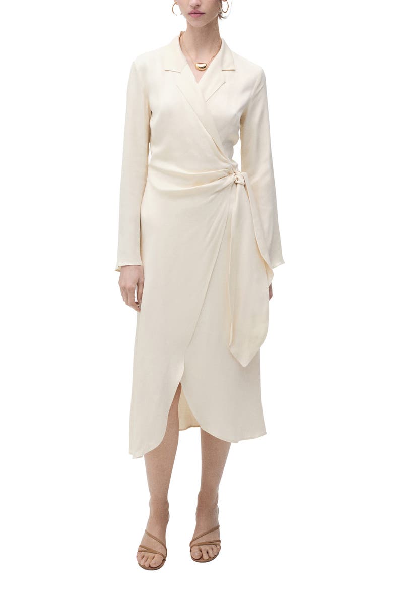 Long Sleeve Satin Wrap Midi Shirtdress, Main, color, ECRU