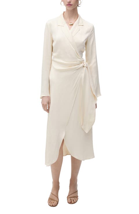 Long Sleeve Satin Wrap Midi Shirtdress