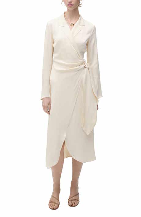 MANGO Long Sleeve Satin Wrap Midi Shirtdress