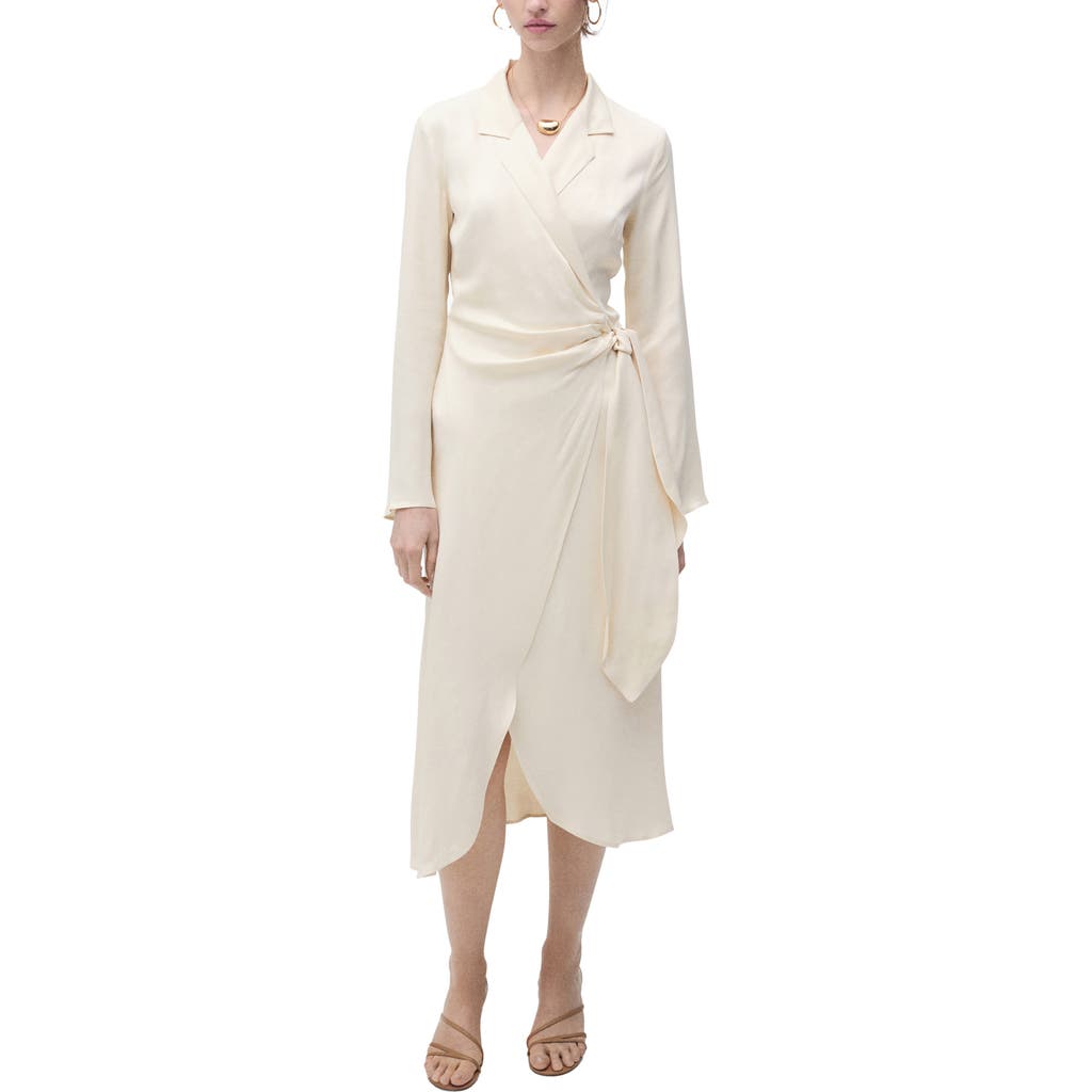 Mango Long Sleeve Satin Wrap Midi Shirtdress In Ecru
