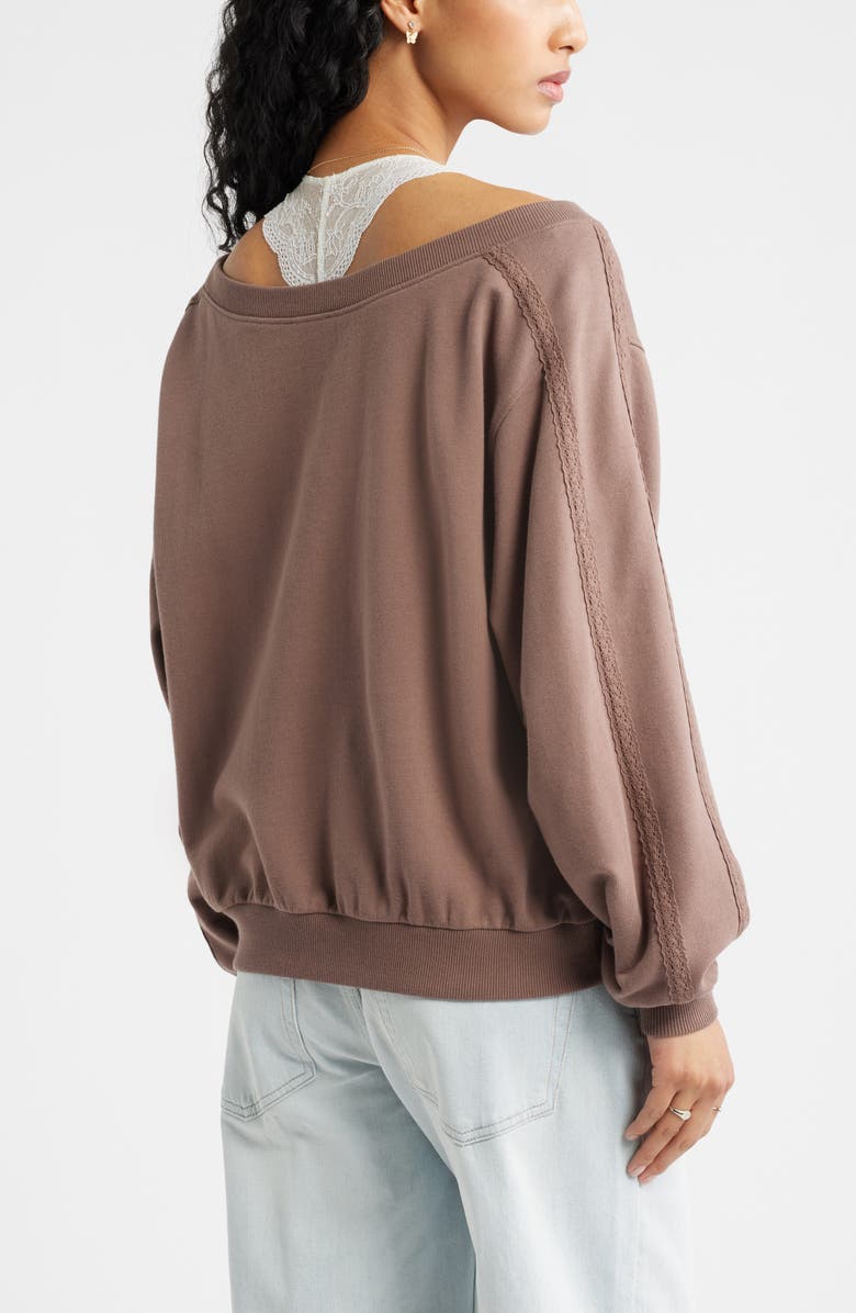 BP. Lace Trim Off the Shoulder Cotton Blend Sweatshirt, Alternate, color, Brown Quartz