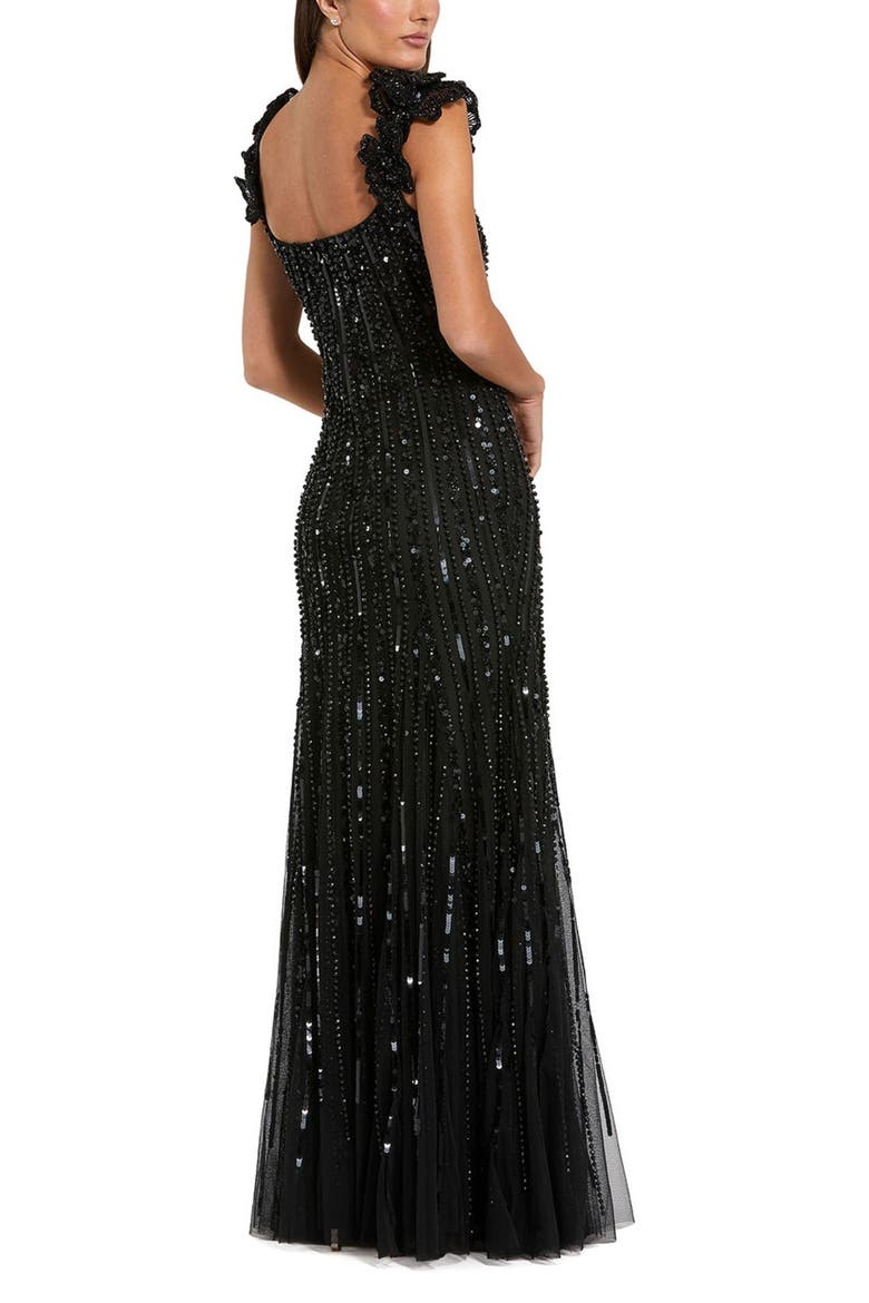 Women's Floral Shoulder Sequin Mesh Evening Gown, Alternate, color, Black