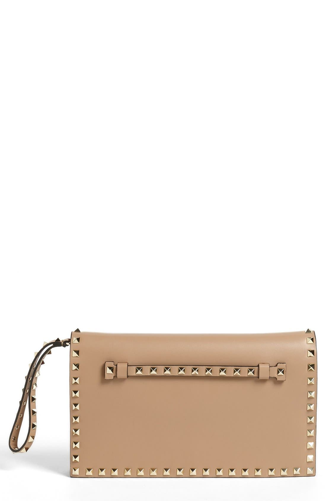 'Rockstud' Nappa Leather Flap Clutch, Main, color, ALPACA