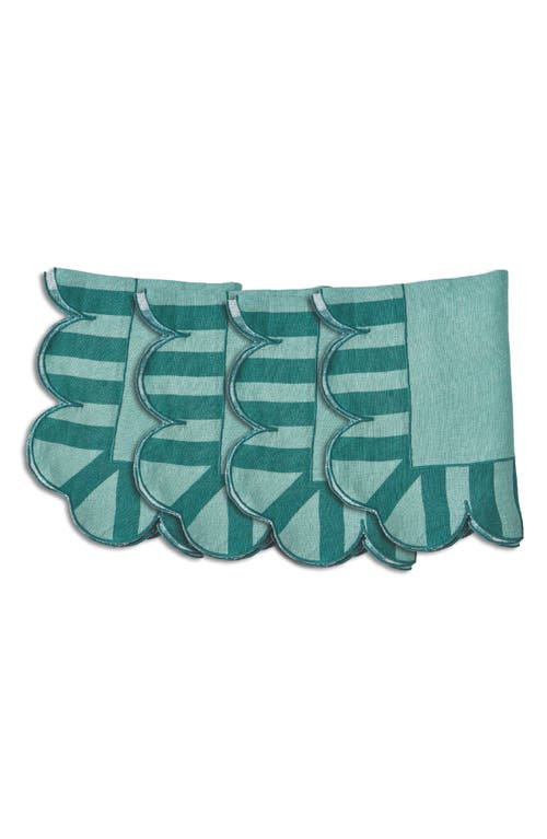 Misette Jardin Embroidered 4-piece Linen Scalloped Stripe Napkin Set In Dark Base Green