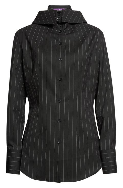 Pinstripe Wool Button-Up Hoodie Shirt