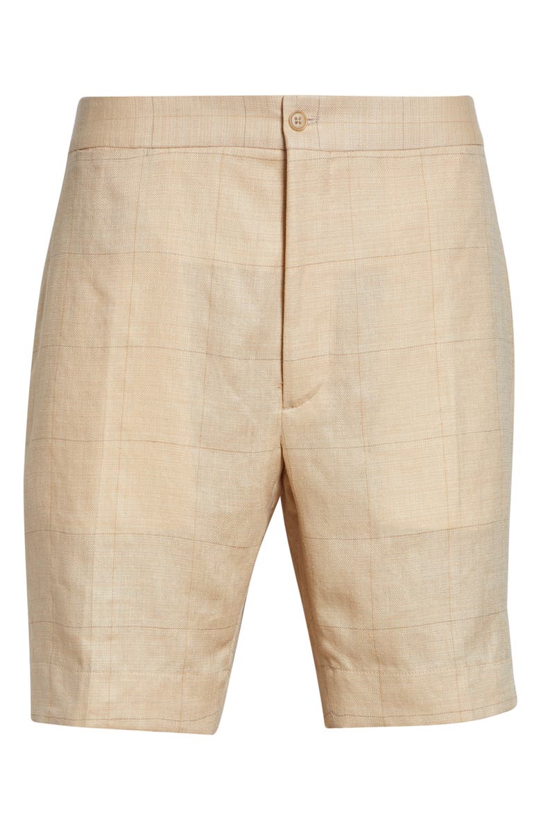 Ralph Lauren Purple Label Windowpane Plaid Flat Front Linen, Silk & Cotton Shorts, Main, color, Classic Tan