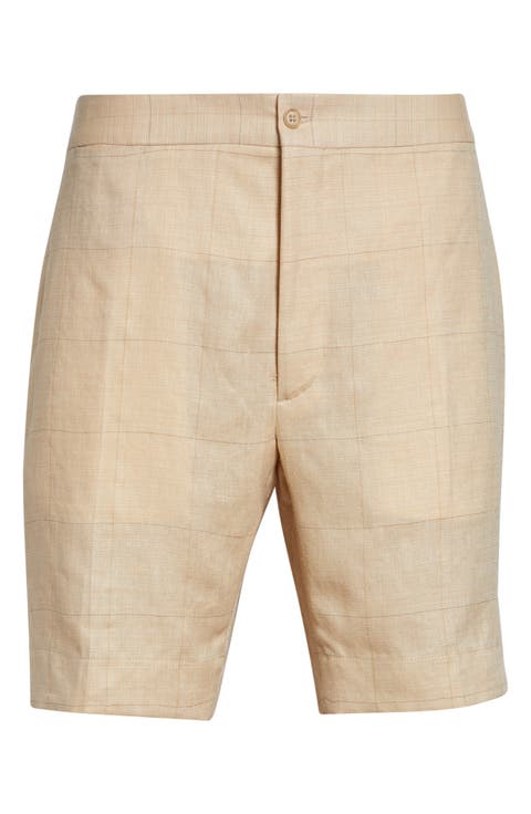 Windowpane Plaid Flat Front Linen, Silk & Cotton Shorts