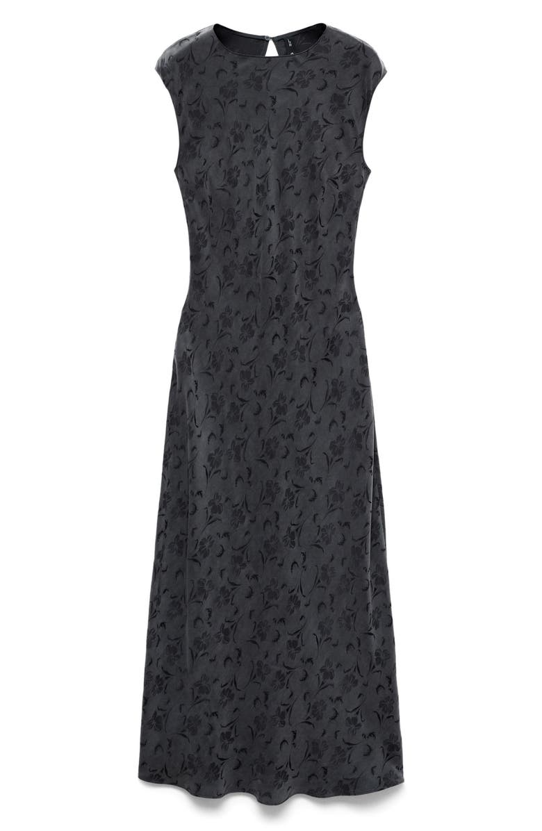 MANGO Satin Floral Jacquard Cap Sleeve Midi Dress, Main, color, Charcoal