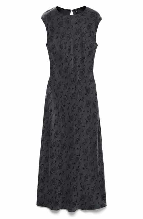 MANGO Satin Floral Jacquard Cap Sleeve Midi Dress