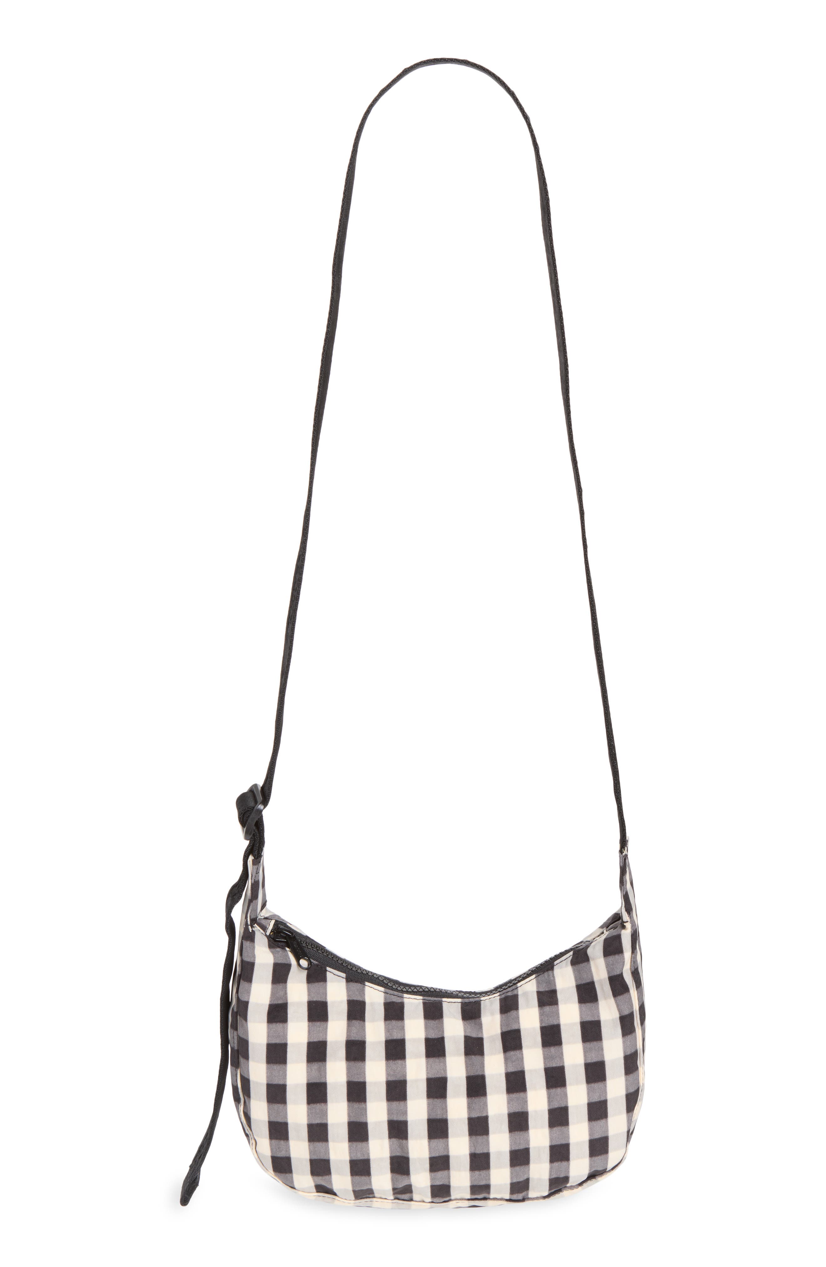 Small Recycled Nylon Crescent Crossbody Bag, Main, color, BLACK AND CREAM GINGHAM