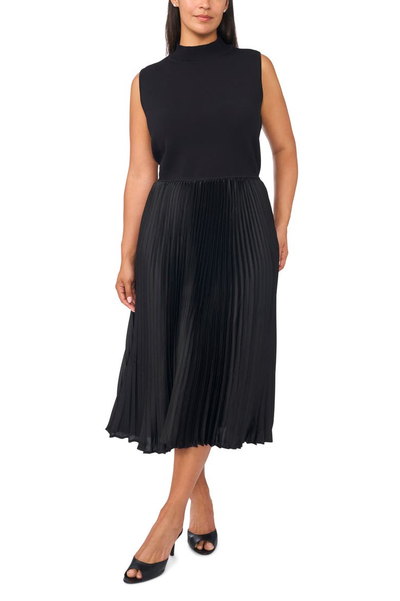 Mock Neck Pleated Maxi Dress, Main, color, RICH BLACK