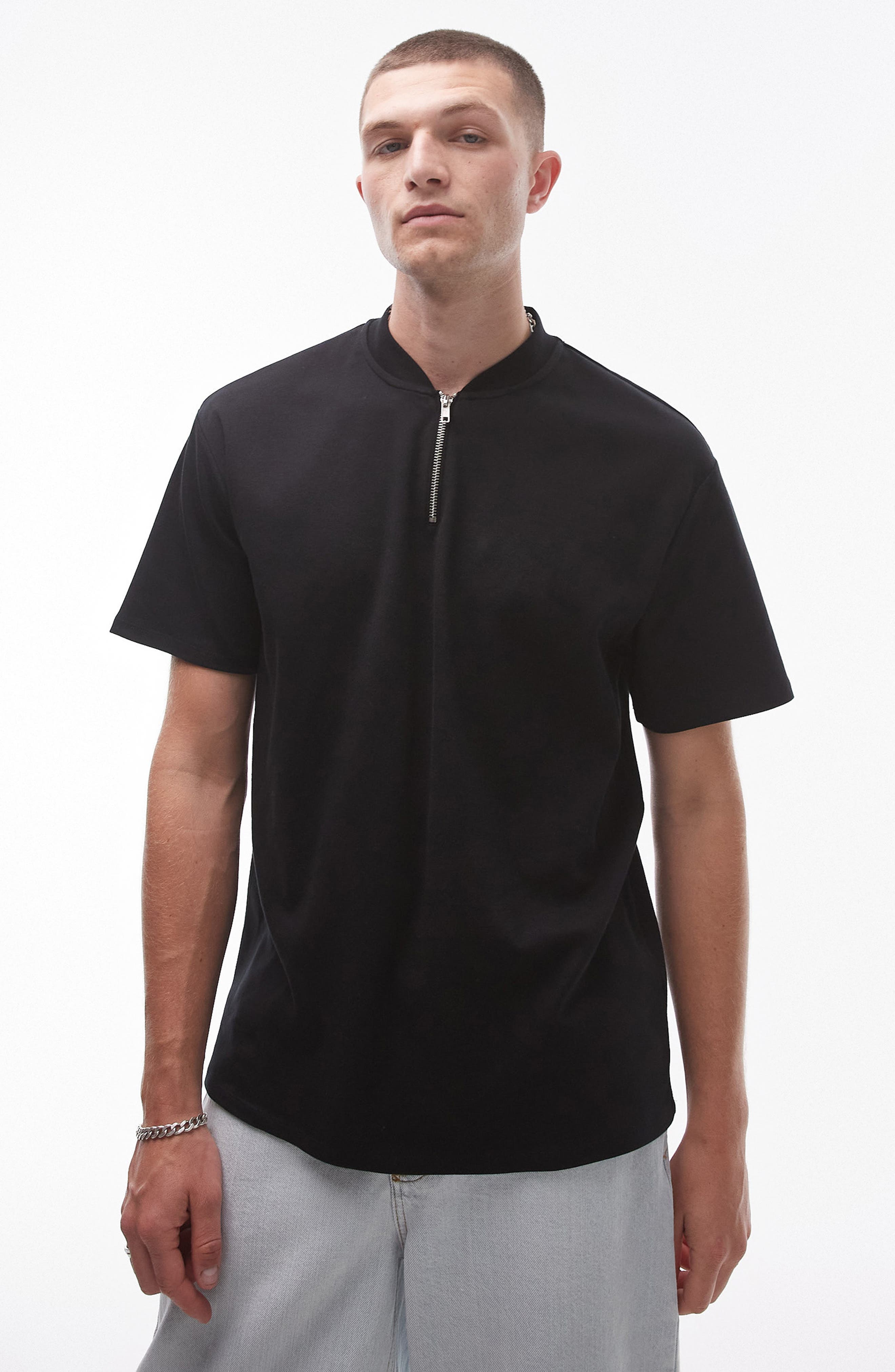 Topman Half Zip Cotton T-Shirt in Black 