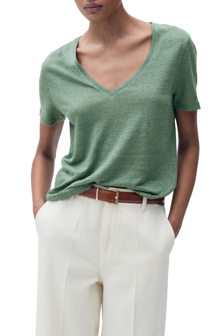 V-Neck Linen T-Shirt, Main, color, GREEN