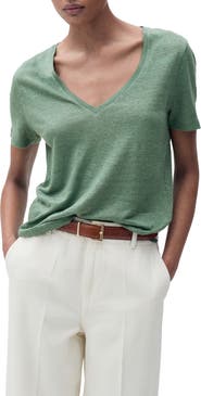 MANGO V-Neck Linen T-Shirt