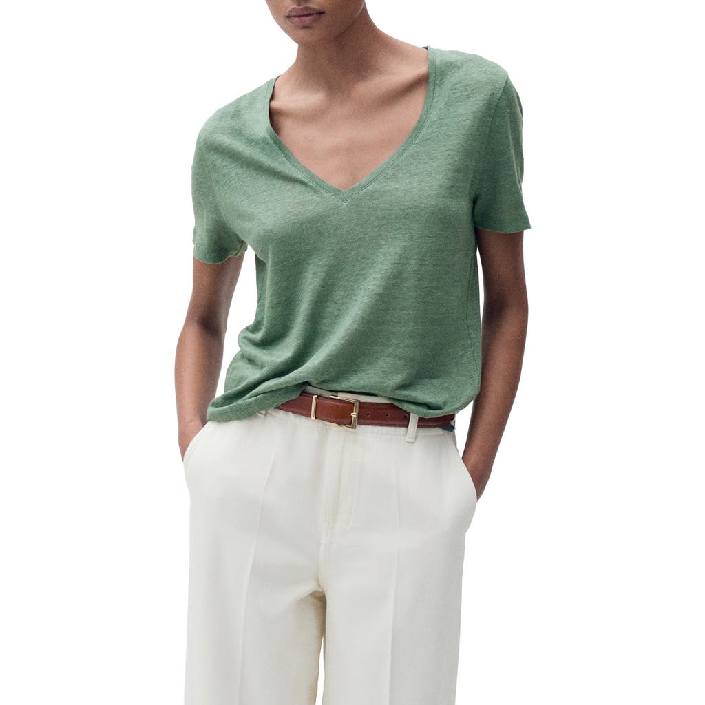Mango V-neck Linen T-shirt In Green