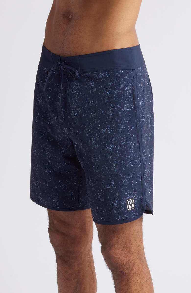 TravisMathew Mahalo Plenty Spatter Print Board Shorts, Alternate, color, Total Eclipse