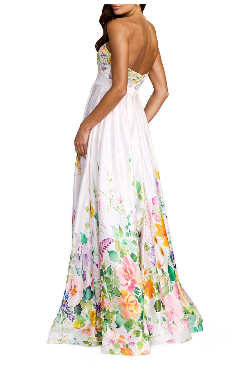 Mac Duggal Floral Print Strapless Satin A Line Gown With Pockets, Alternate, color, Ivory Multi