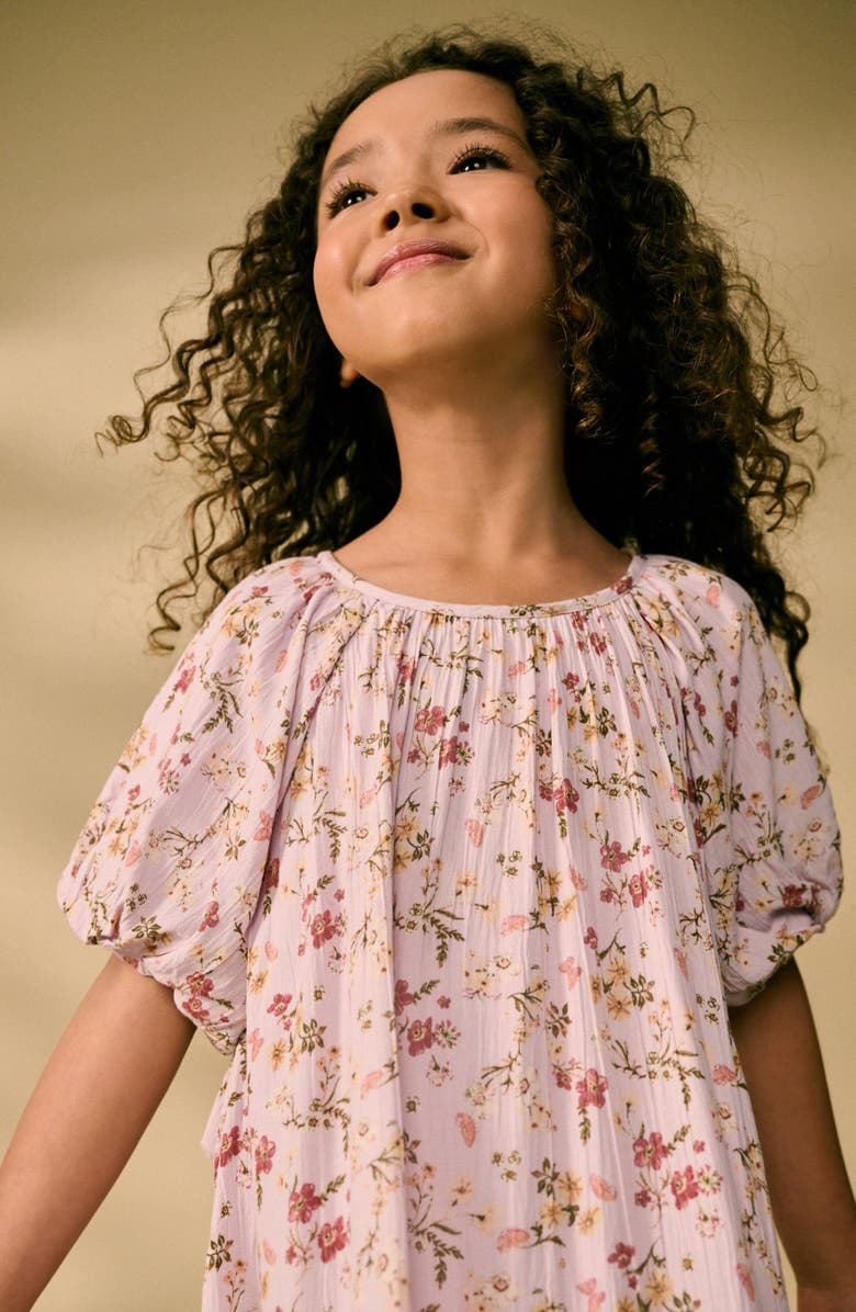 NEXT Kids' Floral Puff Sleeve Dress, Alternate, color, Purple