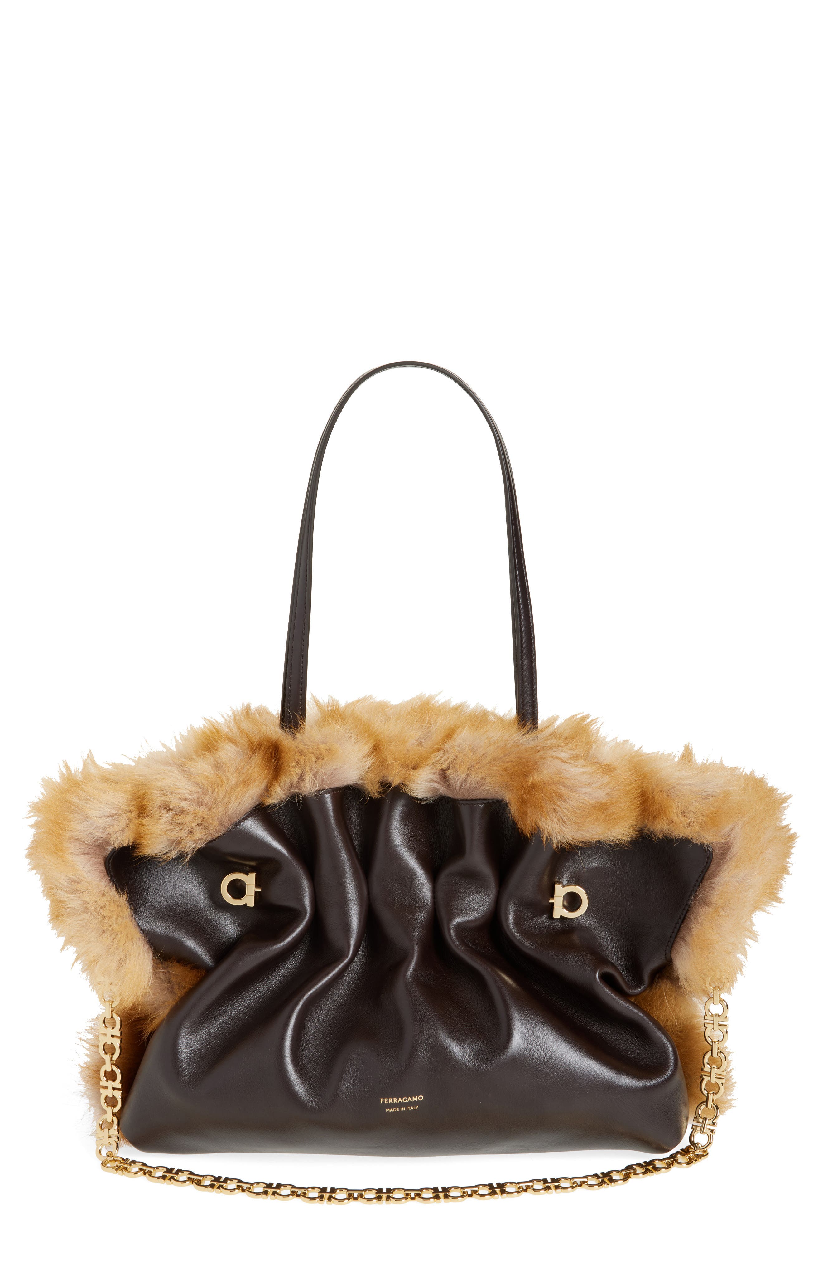 FERRAGAMO Medium Gancio Piercing Soft Leather & Genuine Shearling Shoulder Bag, Main, color, Naturale