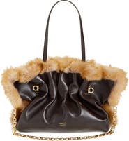 FERRAGAMO Medium Gancio Piercing Soft Leather & Genuine Shearling Shoulder Bag